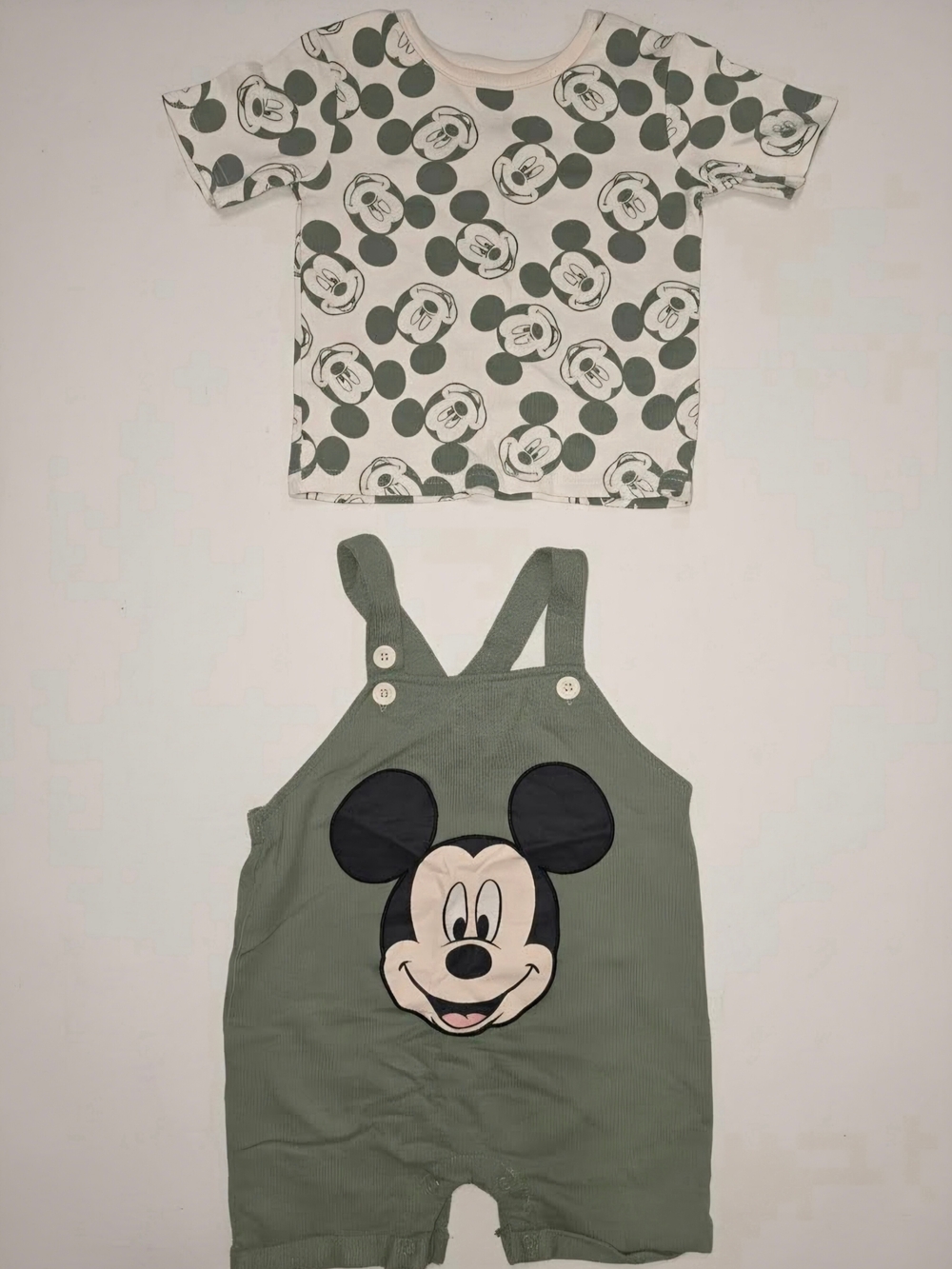 Disney Baby White and Olive Green Mickey Print Tee